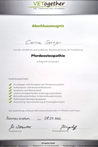 Carina Santjer – Pferdeosteopathie & Pferdephysiotherapie - Qualifikation